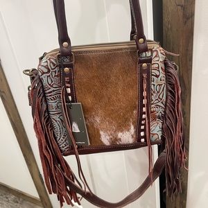 Myra "Maia" CONCEALED CARRY Handbag Leather & Cowhide Fringe Teal Crossbody